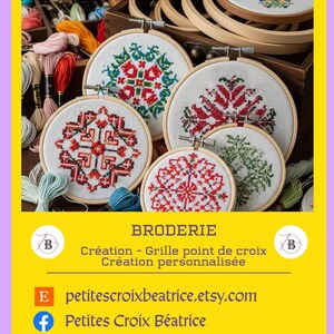 May include: Cross-stitch embroidery hoops with floral patterns. The hoops are displayed in a wooden box with various embroidery threads. The text "PETITES CROIX B&Eacute;ATRICE" is at the top.