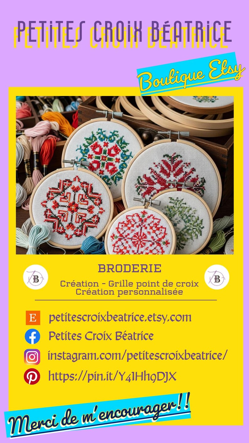 May include: Cross-stitch embroidery hoops with floral patterns. The hoops are displayed in a wooden box with various embroidery threads. The text "PETITES CROIX B&Eacute;ATRICE" is at the top.