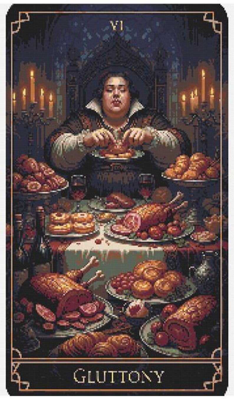 May include: A tarot card illustration of the "Gluttony" card. The image shows a person at a table laden with food, surrounded by candles. The card is framed with a decorative border and the word "GLUTTONY" is at the bottom.