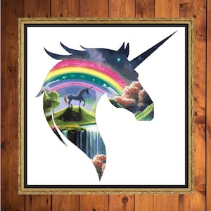 Cross stitch pattern - Fairytale fantasy landscape - Magical rainbow unicorn - PDF file
