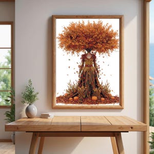 May include: A framed artwork depicts a figure with a tree-like head and a dress made of leaves and branches. The artwork features warm autumn colors, including orange, brown, and gold. Pumpkins are at the base of the figure.