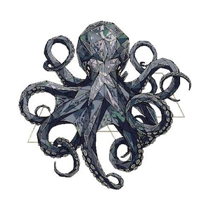 Könnte beinhalten: Geometrische Illustration eines Oktopus in Grau-, Blau- und Grüntönen. Der Oktopus besteht aus dreieckigen Formen, wobei sich seine Tentakel um ein goldenes Dreieck winden. Der Hintergrund ist weiß.