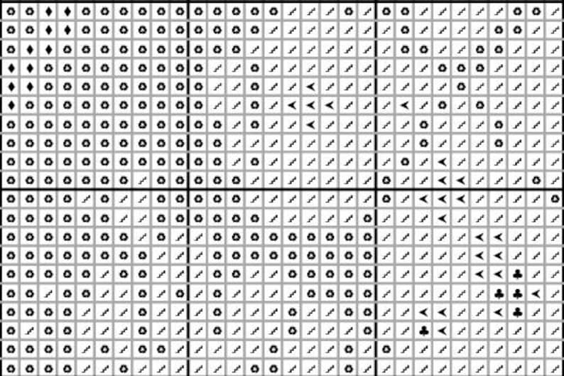May include: A monochrome geometric pattern featuring a grid of small shapes: circles, diamonds, and angled lines. The design incorporates playing card symbols. The pattern is predominantly black and white.
