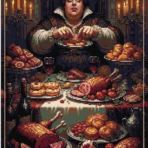 May include: A digital art tarot card illustrating Gluttony. A person is seated at a table overflowing with food, lit by candles. The card has decorative borders and the word "GLUTTONY" at the base.