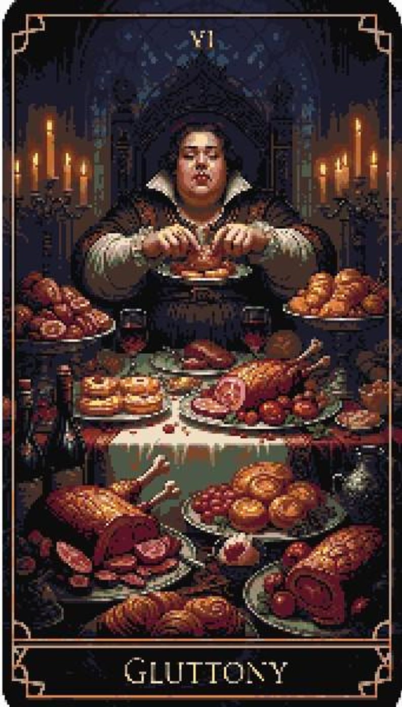 May include: A digital art tarot card illustrating Gluttony. A person is seated at a table overflowing with food, lit by candles. The card has decorative borders and the word "GLUTTONY" at the base.