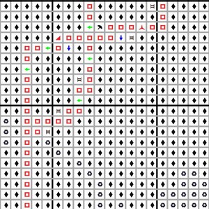 May include: A detailed grid design featuring a grey backdrop, black diamond shapes, red triangles, and red squares. The grid is segmented by black lines. Includes green and blue arrows, and the letter "&Pi;".