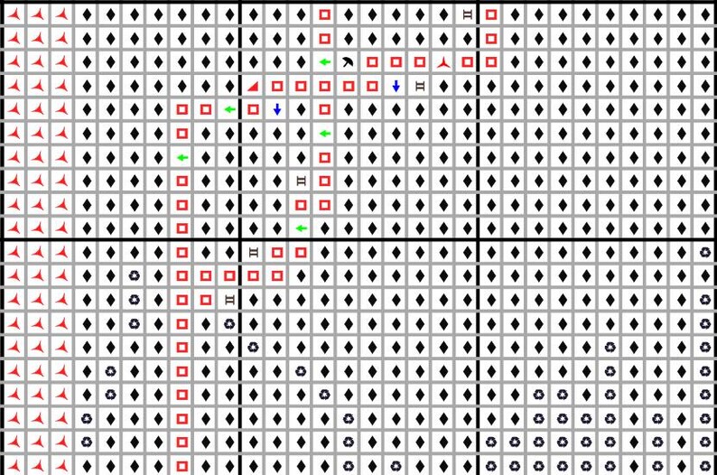 May include: A detailed grid design featuring a grey backdrop, black diamond shapes, red triangles, and red squares. The grid is segmented by black lines. Includes green and blue arrows, and the letter "&Pi;".