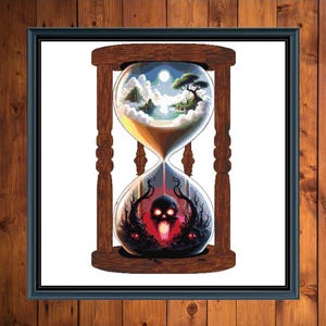 May include: Framed artwork showing an hourglass design. The top half depicts a tranquil landscape with a tree, clouds, and a moon. The bottom half shows a skull with glowing eyes and dark, twisted branches. The hourglass is set within a wooden frame.
