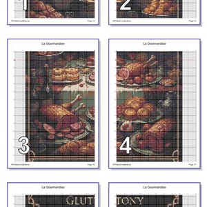 May include: Cross-stitch patterns depicting scenes from "La Gourmandise." The designs show a person at a table laden with food, and close-ups of the food. Also included are patterns with the words "GLUT" and "TONY."