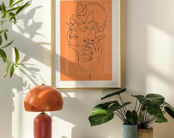 Minimalist Line Art of Woman with Butterflies – &quot;She Believed She Could&quot; Motivational Print, Feminine Wall Art, Orange Aesthetic
