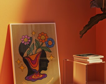 Groovy Retro Mental Health Art Print – Positive Vibes Poster – “Let the Good Thoughts Grow” Psychedelic Head Floral Wall Decor