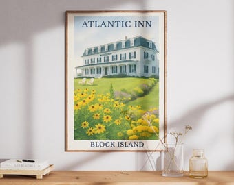 Lámina del Block Island Atlantic Inn, Arte costero de Nueva Inglaterra (Descarga digital)