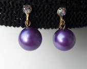 Vintage 60s Earrings Purple Lavender Plastic Ball with Rhinestone Accent Drop Dangle Screw Back