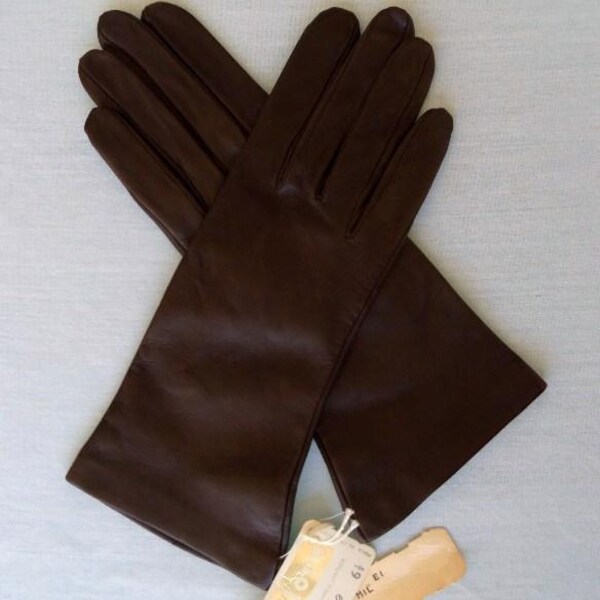 Vintage 60s Brown Leather Gloves Washable New with Tags Size 6.5