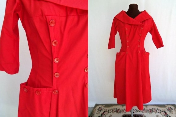 Vintage 50s Dress Red Nautical Sailor Size XS or