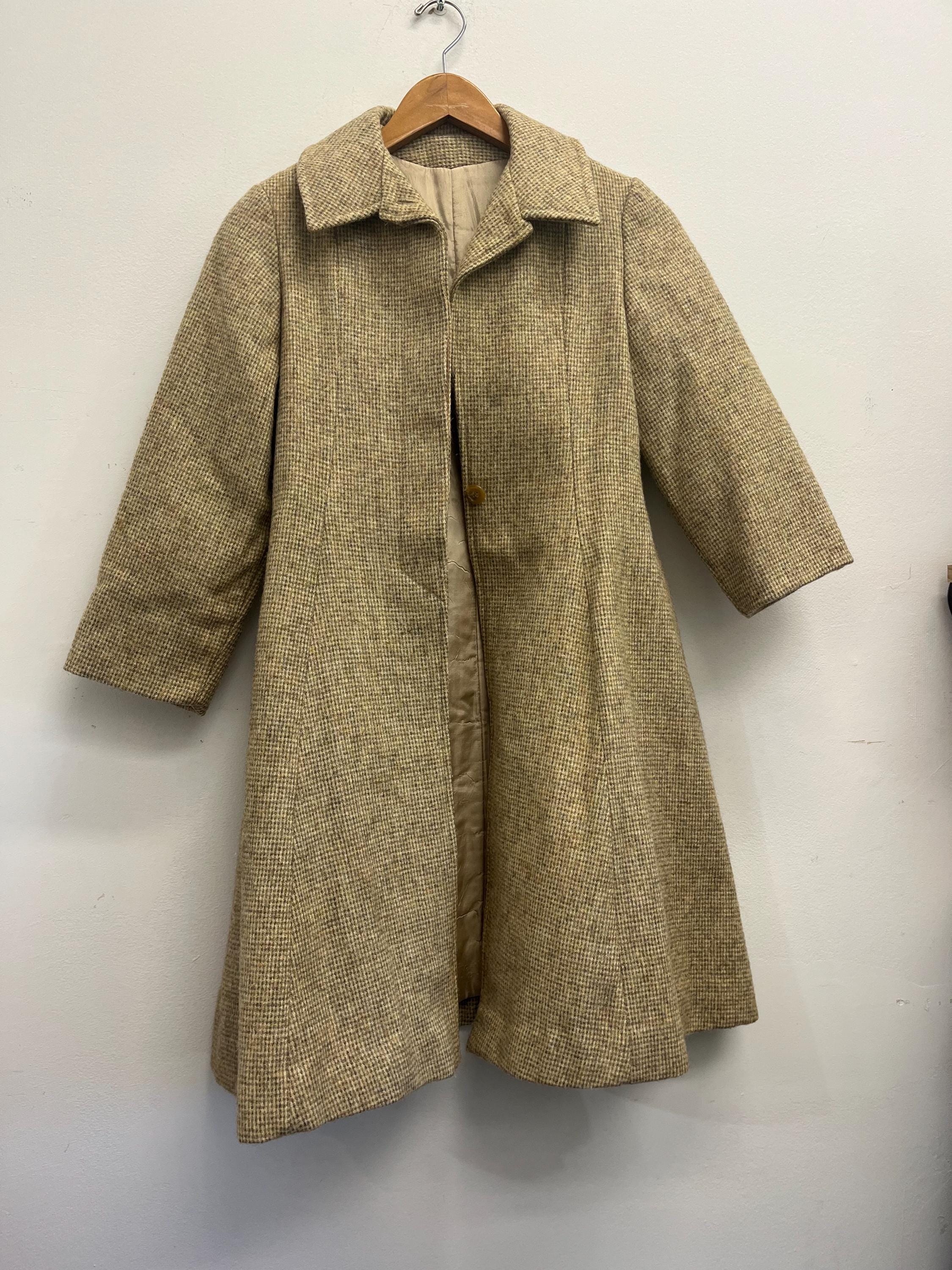 Manteau Vintage Rothschild En Laine Gris - Taille 14, Accents Velours Noir, Superbe état