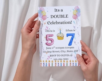 Double Celebration Birthday Invitation, Editable Template, Joint Birthday Party, Twins Birthday Invite, Digital Download, Two Birthday in On