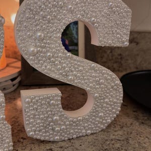 May include: A large, white letter "S" covered in small, white pearls. The letter is standing upright on a speckled surface. The pearls give the letter a textured, decorative appearance. The letter is likely used for home decor or event signage.