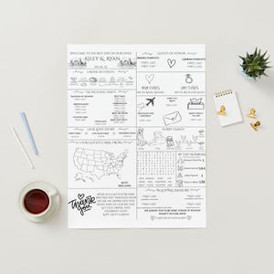Könnte beinhalten: Ein Hochzeits-Zeitplan auf weißem Papier mit schwarzer Tinte gedruckt. Das Design enthält Illustrationen einer Karte, eines Flugzeugs und eines Herzens. Eine Tasse Kaffee, Stifte und ein kleiner Notizblock mit goldenen Clips sind ebenfalls sichtbar.