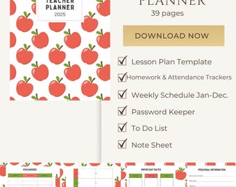 May include: Digital teacher planner with a white cover featuring a pattern of red apples. The planner includes a lesson plan template, homework trackers, weekly schedules, a password keeper, to-do lists, and note sheets. The text "TEACHER PLANNER 2025" is visible.