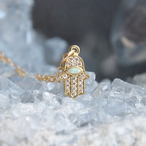 Hamsa Hand Necklace, Evil Eye Necklace, Good Luck Charm, Protection Necklace, Gold Filled Necklace, Tiny Opal Necklace,Birthday Gift for Her