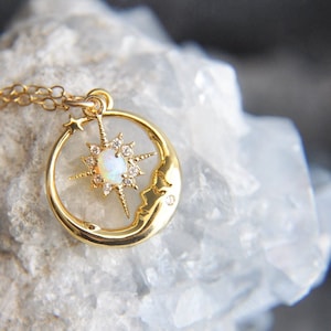 Opal Moon Necklace, Gold Moon Necklace, Celestial Jewelry, Starburst Necklace, Celestial Wedding, Star Necklace, Birthday Gift, Gift for Her image 2