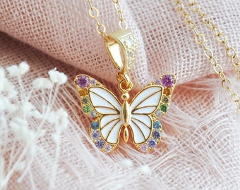Butterfly Necklace, Rainbow Butterfly, Gold Filled Necklace, Colorful Butterfly Jewelry, Birthday Gift for Her, Best Friend Gift,Mothers Day