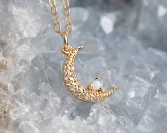 Opal Moon Necklace, Tiny Moon, Crescent Moon, Celestial Necklace, October Birthstone, Birthday Gift, Best Friend Gift, Bridesmaids Gift,Boho