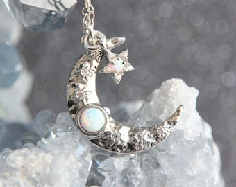 Silver Moon Necklace, Opal Moon and Star Necklace, Silver Opal Necklace, Celestial Necklace, Birthday Gift, Best Friend Gift, Thank you Gift