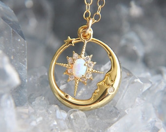 Opal Moon Necklace, Gold Moon Necklace, Celestial Jewelry, Starburst Necklace, Celestial Wedding, Star Necklace, Birthday Gift, Gift for Her