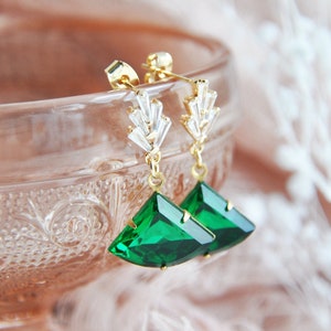Emerald Green Art Deco Earrings, Fan Earrings, Vintage Bridal Earrings, Bridesmaids Earrings, May Birthstone, Birthday Gift, Montana Blue image 2