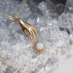 Gold Hand Necklace, Opal Sun Necklace, Celestial Necklace, Palmistry Jewelry, Sunburst Necklace, Girlfriend Gift, 14k Gold Filled Necklace