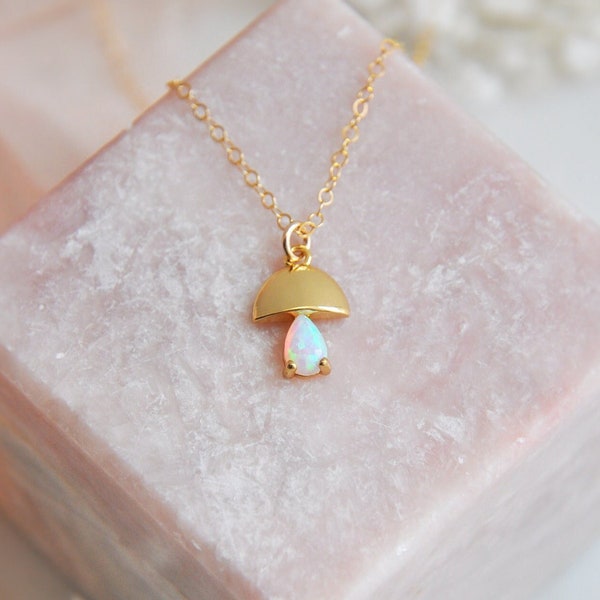 Mushroom Necklace, Opal Necklace, Gold Filled Necklace, Dainty Necklace, Opal Jewelry, Minimalist Necklace, Birthday Gift,October Birthstone