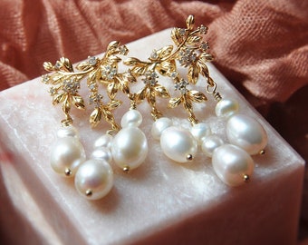 Freshwater Pearl Earrings, Drop Earrings, Flower Earrings, Statement Earrings, Boho Bridal Earrings, Woodland Wedding, Floral Earrings