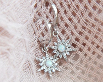 Opal North Star Earrings, Silver Hoop Earrings, Huggie Hoops, Opal Hoop Earrings, Celestial Earrings, Bridesmaids Gift, Opal Star Earrings
