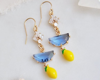 Lemon Earrings, Summer Earrings, Fruit Earrings, Blue Earrings, Fun Earrings, Birthday Gift, Best Friend Gift, Gold Filled Earrings, Yellow