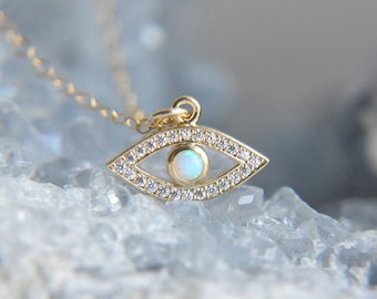 Dainty Opal Necklace, Evil Eye Necklace, Celestial Necklace, Third Eye, Protection Necklace, Tiny Eye Necklace, October Birthstone, Gift