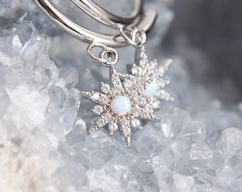 Silver Opal Star Earrings, North Star Earrings, Opal Hoop Earrings, Celestial Earrings, Bridesmaids Gift, Silver Hoop Earrings,Birthday Gift