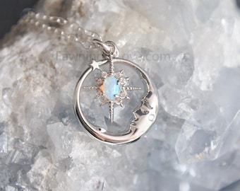 Opal Moon Necklace, Silver Moon Necklace, Opal Star Necklace, Celestial Wedding, Celestial Jewelry, Birthday Gift, Gift for Her, Starburst