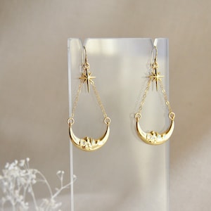 Gold Moon and Star Earrings, North Star Earrings, Gold Filled Earrings, Celestial Wedding Earrings, Statement Earrings, Crescent Moon, Boho