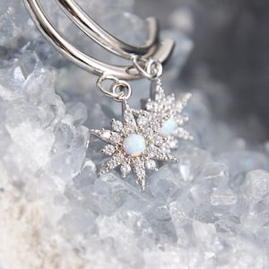 Silver Opal Star Earrings, North Star Earrings, Opal Hoop Earrings, Celestial Earrings, Bridesmaids Gift, Silver Hoop Earrings,Birthday Gift