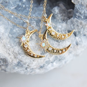 Moon Necklace, Crescent Moon Jewelry, Opal Star Necklace, Opal Moon Necklace, Star Moon Necklace,Celestial Necklace,Girlfriend Gift,For Her