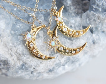 Moon Necklace, Crescent Moon Jewelry, Opal Star Necklace, Opal Moon Necklace, Star Moon Necklace,Celestial Necklace,Girlfriend Gift,For Her
