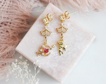 Gold Cherub Earrings, Valentines Day Earrings, Asymmetrical Earrings, Crescent Moon Earrings, VDay Jewelry, Gift for Her, Romantic Style