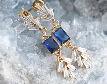 Art Deco Earrings, Sapphire Blue Earrings, Rectangle Earrings, Gold CZ Fan Earrings, Something Blue, Bridesmaids Gift, Birthstone Jewelry