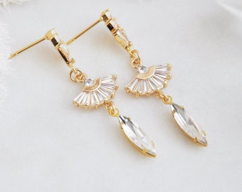 Art Deco Earrings, Fan Earrings, Vintage Earrings, Boho Wedding, Bridesmaids Earrings, Gold CZ Earrings, April Birthstone Earrings, Winter