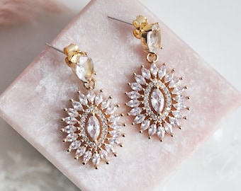Boho Bridal Earrings, Bohemian Wedding Jewelry, Bridesmaids Earrings, Oval Earrings, Gold CZ Earrings, April Birthstone, Mothers Day Gift