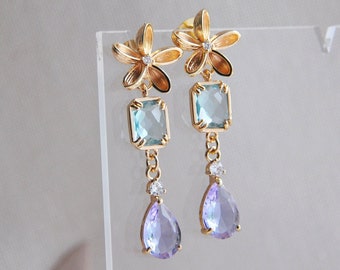 Flower Earrings, Floral Drop Earrings, Purple Teardrop Earrings, Aqua Earrings, Bridal Earrings, Wedding Earrings, Summer Earrings, Boho