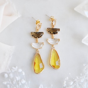 Yellow Earrings, Brown Earrings, Boho Bridal Earrings, Long Drop Earrings, Statement Earrings, Haldi Earrings, Modern Bride, Summer Jewelry