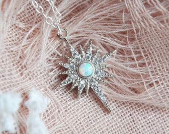 Silver Opal Star Necklace, Celestial Wedding, Bridesmaids Gift, Bridal Necklace, Sterling Silver Necklace, Dainty Opal Jewelry, Mothers Day